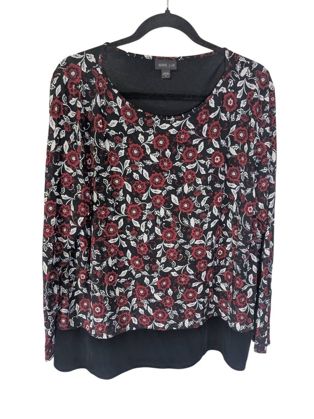 J Jill Wearever Collection Knit Top Velour Bottom Hem Red Black Floral Women's X